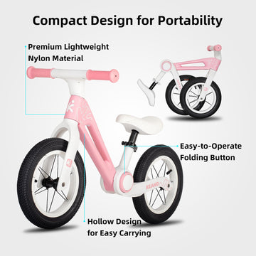 Joystar 12 In Balance Bike For Kids Age 2-6 Years, Foldable Toddler Balance Bicycle For 2 3 4 5 6 Years Old Girls & Boys, No Pedal Push Balance Bike, Adjustable Seat & Inflatable Tires, Pink