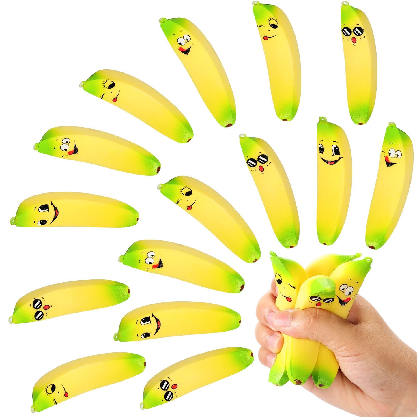 16 Pcs 3.7 Inch Banana Stress Toys Banana Stretchy Balls with Emotions PU Stress Relief Toy Soft mature-themed Sensory Toys for Relief Party Favors Bag Fillers