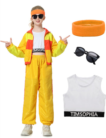 Timsophia Hip Hop Dance Costume For Girls, 5 Pcs 80S 90S Outfit For Kids, Modern Jazz Team Performance Tracksuit, 6-7 Years, Yel