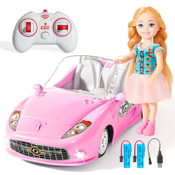 UMONIE Pink Remote Control Car for Girls, 2.4Ghz Racing Car for Toddler, 1:18 RC Car Toys for Kids with Doll, 100 mins with Rech