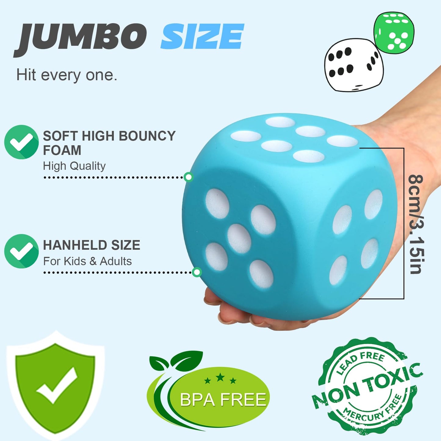 Large 3 Inch Foam Fidget Dice, Jumbo Stress Relief Big Dice, Squeeze Squishy Giant Large Cube For Family Board Game Classroom Pa