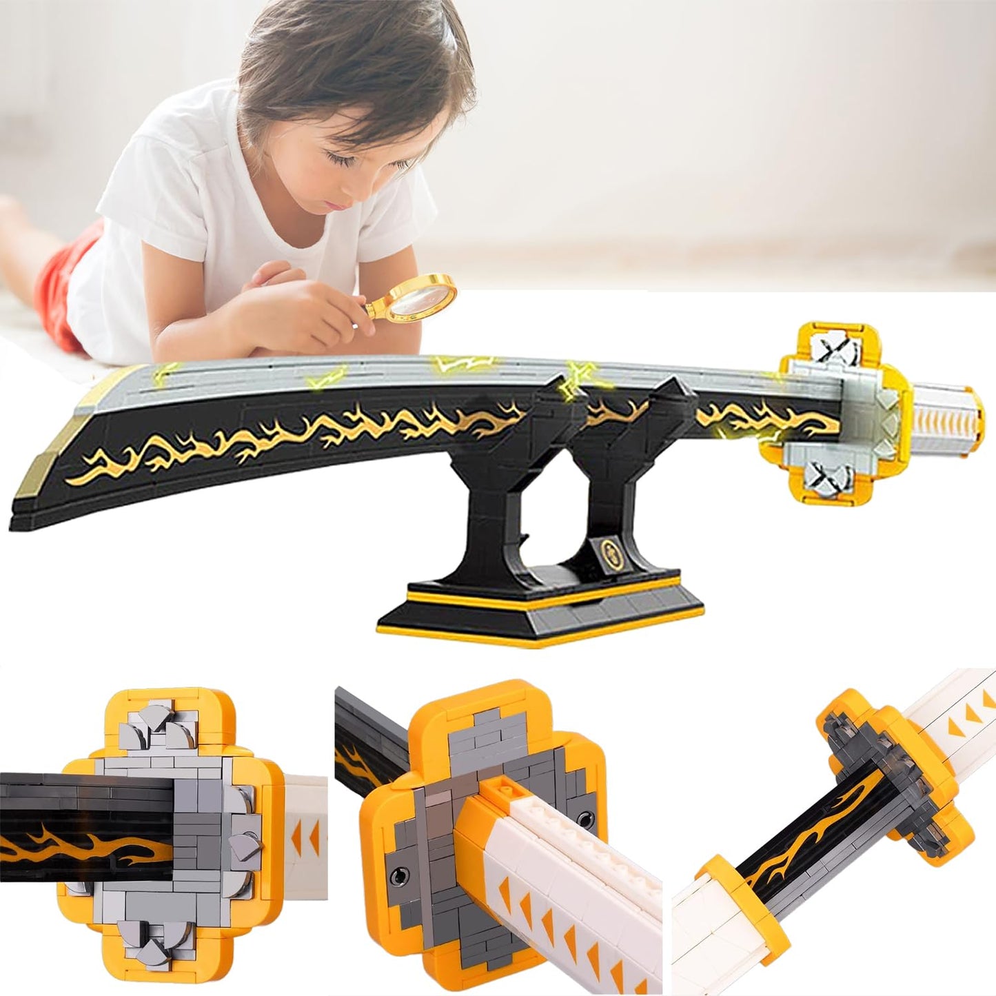 Kravkind 956pcs  39inch for Demon Slayer decorative replica blade Building Block Model  Samurai decorative replica blade Set with Scabbard and Stand  Best Gift for Anime Fans (Agatsuma Zenitsu decorative replica blade)