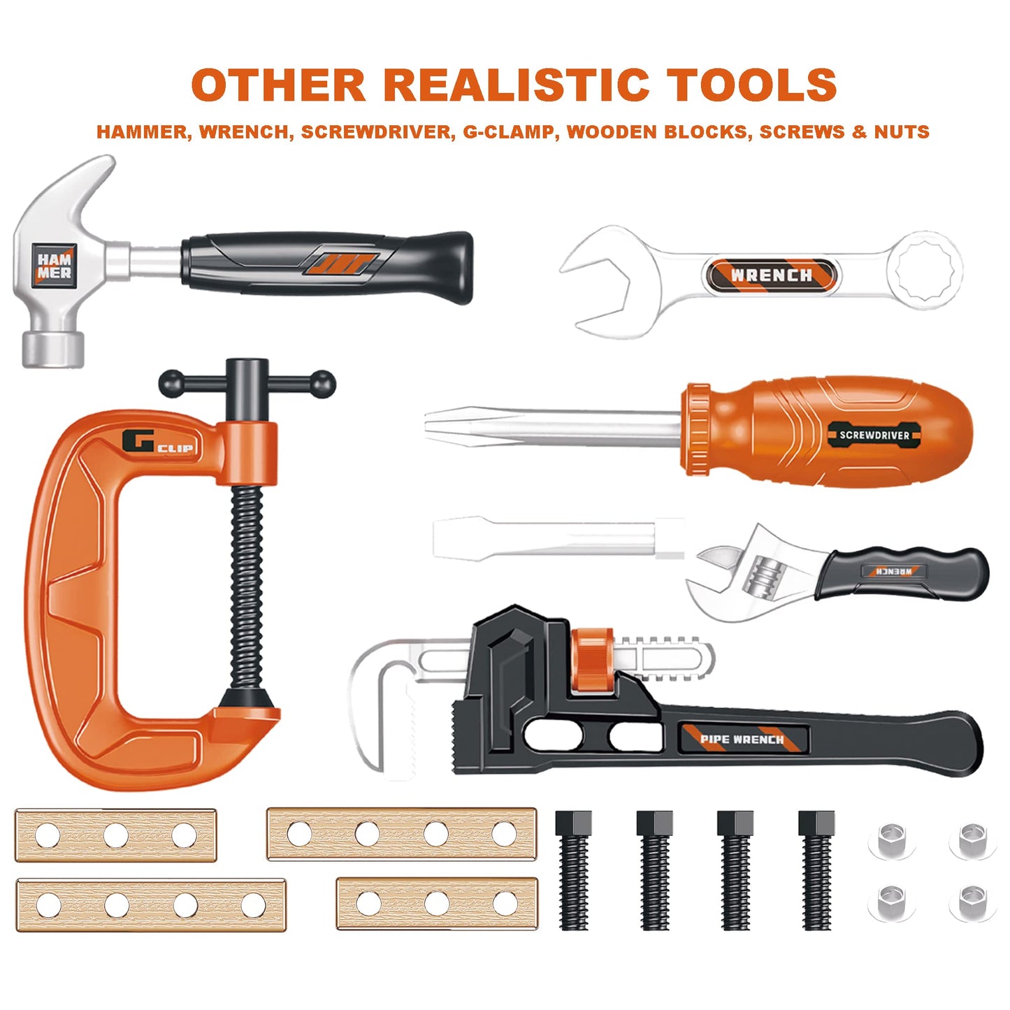 Pairez Toys Play Tools for Kids Ages 3-5, Realistic Angle Grinder, Wrench, Hammer, Screwdriver, Pretend Play Tool Box Sets, Lear