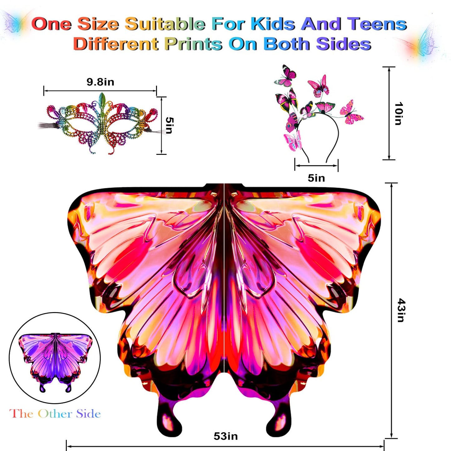 LYL. Ling Halloween Costumes for Kids  Double-Sided Butterfly Wings  Butterfly Costume for Girls  3PCS Fairy Wings Set.