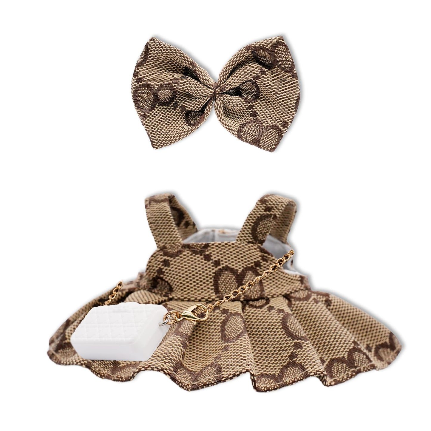 LYBHYQTII Doll Clothes Compatible with Labubu 17cm  enhanced Dolls Accessories 3 Piece Set Including Chic Grid Spaghetti-Strap Dress & Bag and Bow  High-End Fashion Outfit for Play & Display - Brown