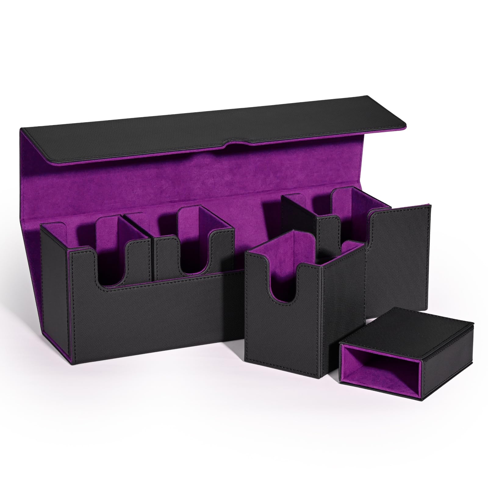 Uaono Card Deck Box With Dice Tray For Mtg, 5 In 1 Card Deck Case Holds 800+ Unsleeved Cards, Strong Magnet Card Organizer Compatible With Yugioh Tcg Sports Cards (Black Purple)