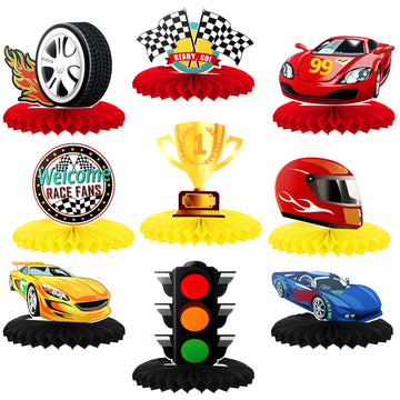 9 Pieces Race Car Party Decorations Race Car Honeycomb Centerpieces Racing Party Table Decor Double-Sided Cars Photo Booth Props