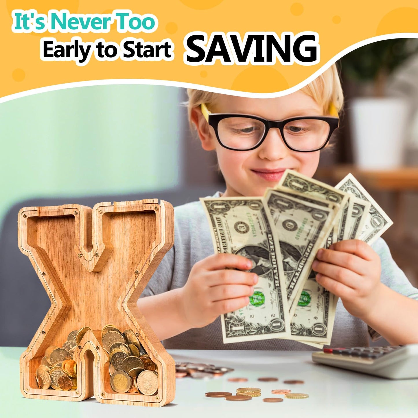 SummiDate Wooden Letter Piggy Bank| Piggy Bank for Boys Girls Toddler| Alphabet X Money Bank| Coin Bank Birthday Gift for Kids|Birthday Gift for Kids (X)