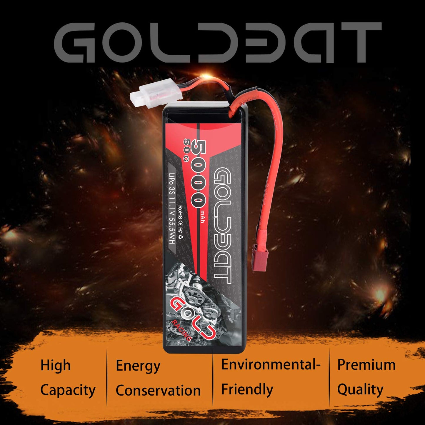 GOLDBAT 11.1V 5000mAh 3S 50C Lipo RC Battery Pack Hard Case with Deans T Connector for E-maxx Axial RC Car Truck Buggy Truggy Ho