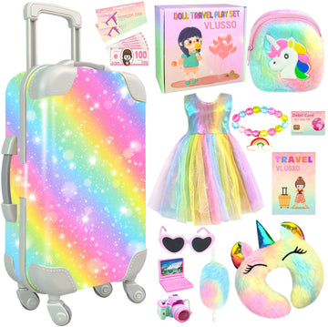 19Pcs 18 Inch Girl Doll Accessories Case Luggage Travel Play Set With Clothes, Camera, Travel Pillow, Bag, Dress, Glasses, Stuff For 18 Inch Doll - Christmas & Birthday Gift