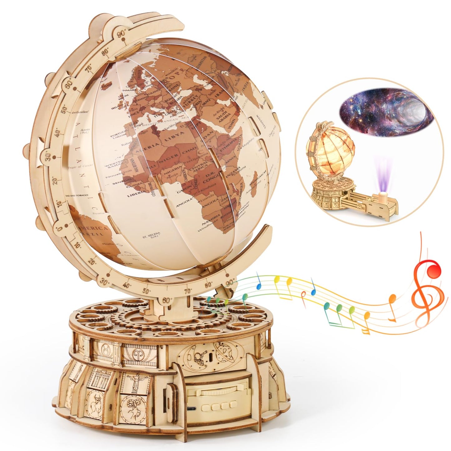 Miebely 3D Wooden Puzzles For Adults Usb Charging Illuminated Globe Music Box Diy Led Wood Model Building Kits With Space Projec