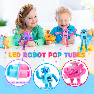 Delighkidz Robot Fidget Toys For Kids : 4 Pack Led Robotic Pop Tubes Telescopic Suction Cup Sensory Toy For 2 3 4 5 6 7 8 Year Old Boys Girls Easter Birthday Gifts For Kid Ages 2-4 Toddler Travel Toy