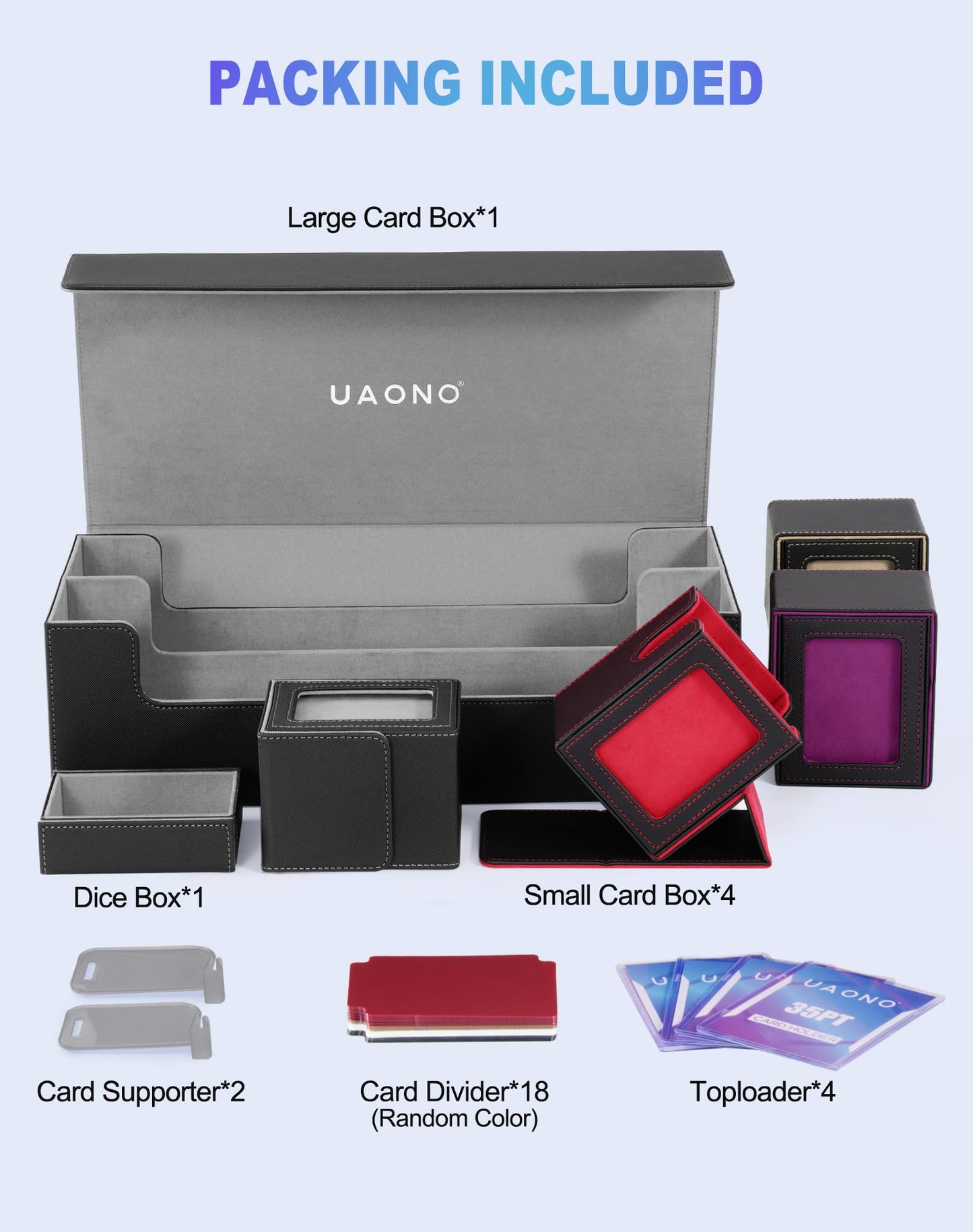 UAONO Card Storage Box for Trading Cards  5 in 1 Card Deck Case with 4 Pcs Small Commander Deck Box  Large Card Box for MTG/TCG/PTCG Magic Sports Cards Game Playmat (Black  Gray)