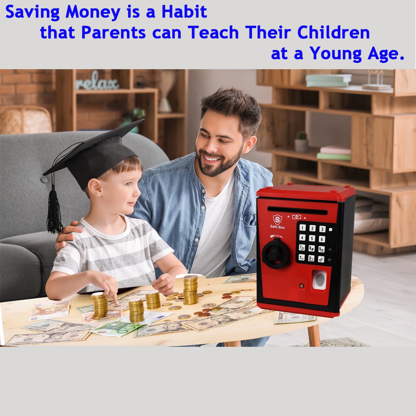 Litpggy Kids Safe Bank With Fingerprint Password Talking Atm Piggy Bank For Real Money Toy Gift For 5-14 Years Old Boys Girls (B