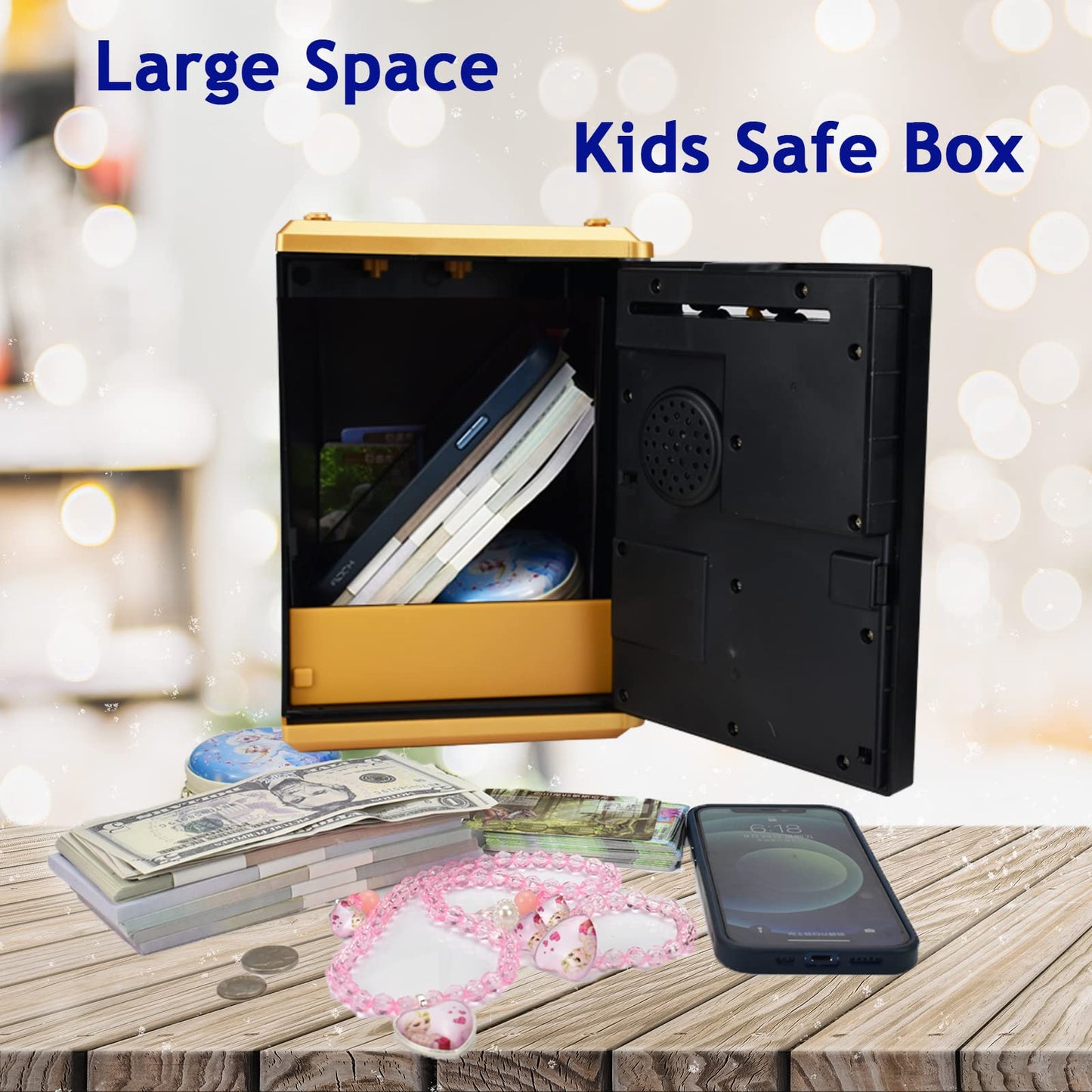 Litpggy Kids Safe ATM Piggy Bank - Fingerprint Password, Talking Feature, Golden, 5.31x5.2x7.52 inches, Model LT-G982