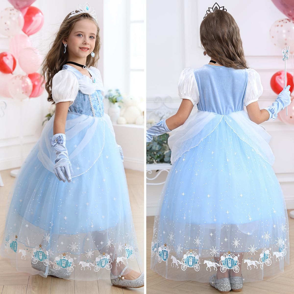 Luzlen Cinderella Costume for Girls Blue Princess Dress for Kids with Puffy Sleeves Halloween Birthday Party Outfit,7-8 Years(La