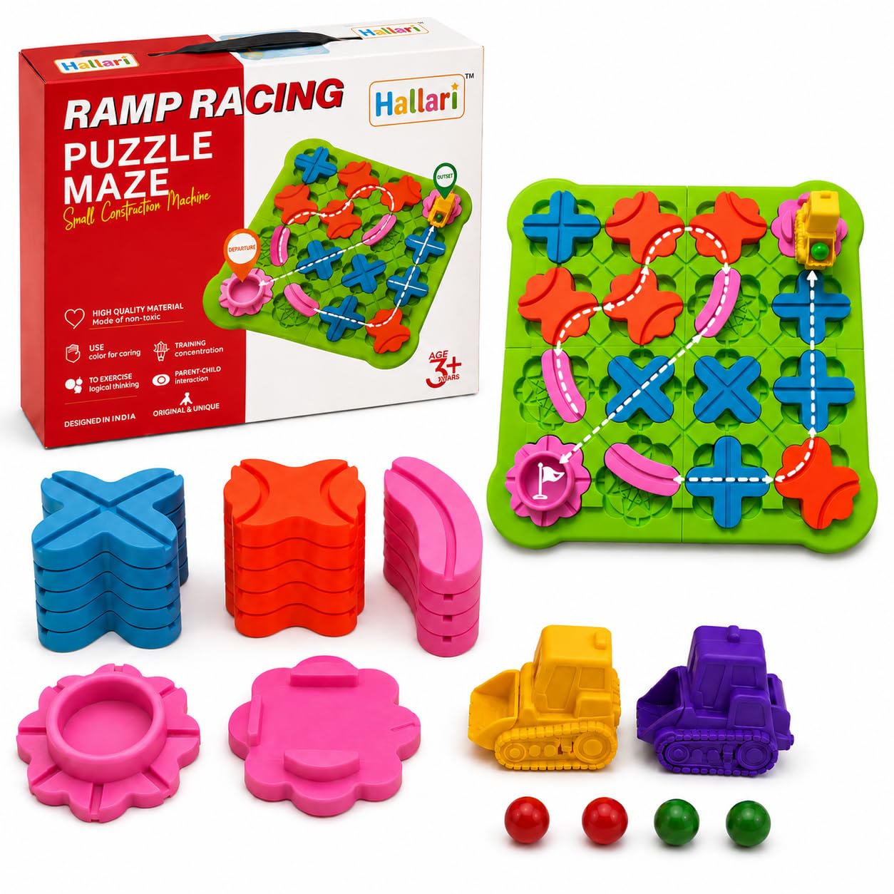 Ramp Racing Puzzle Maze Construction Toy For Kids, 28Piece Stem Track Building Game With Puzzle Board, Mini Vehicles & Balls, E