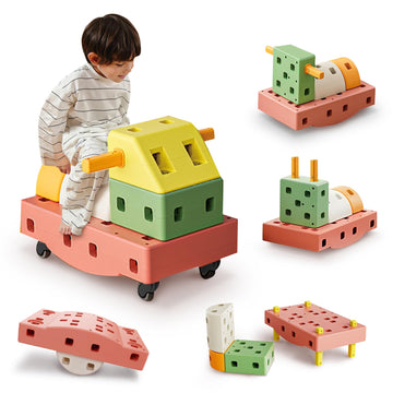 Happi2U Diy Giant Building Blocks Set For Toddler - Big Stacking Soft Blocks With Wheels For Kids With Shape & Color Learning -