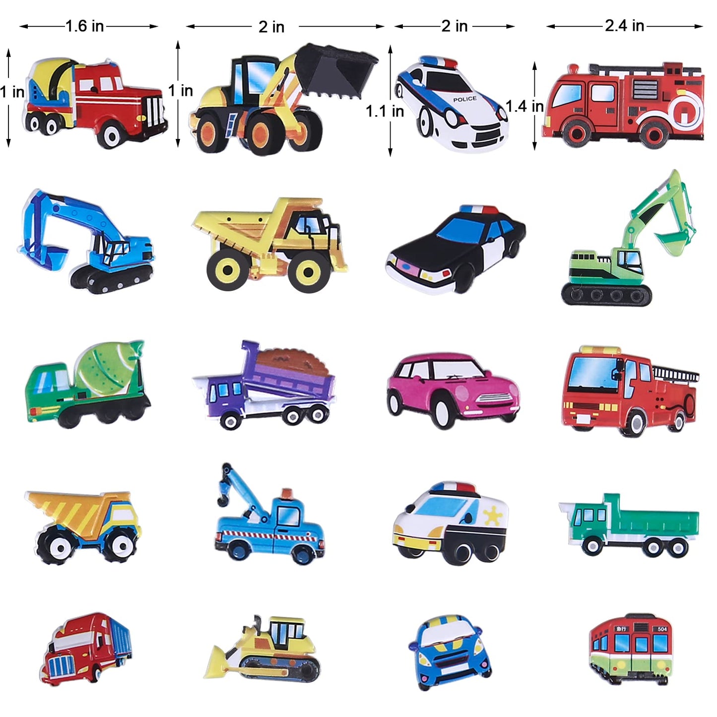 Shangrla Puffy Vehicle Sticker For Kids Toddlers - 3D Puff Car Stickers For Boys Reusable Foam Stickers With Construction Truck,Tractor,Fire Truck,Police Car,Bus,Transportation Stickers Bulk,4 Sheets.