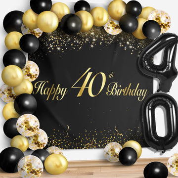 Happy 40Th Birthday Balloons Black Set Decor - Cheers To 40 Years Old Party Theme Garland Banner Backdrop Decorations For Women