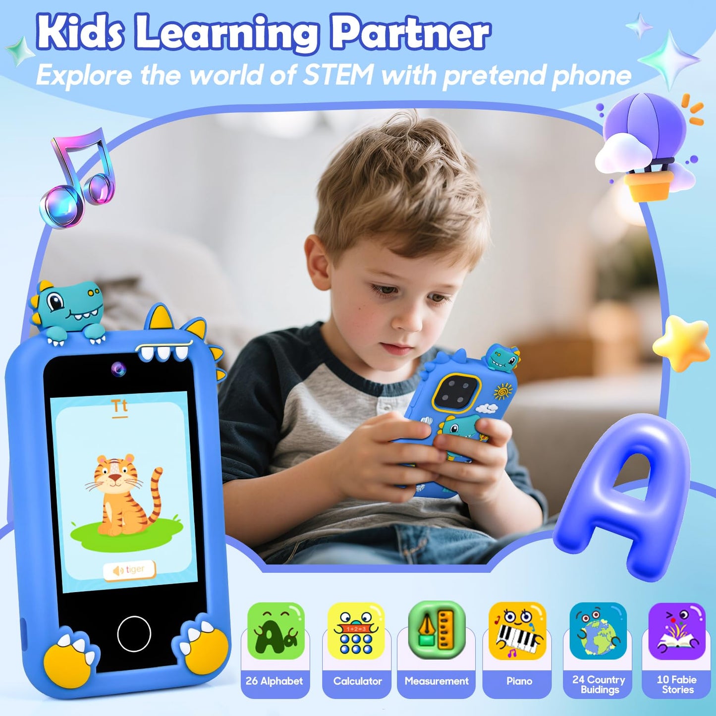 Jusvenmt Kids Dinosaur Toy Phone, Touchscreen, Dual Camera, 44 Games, 32GB Card, Child-Size, Blue, Model S3