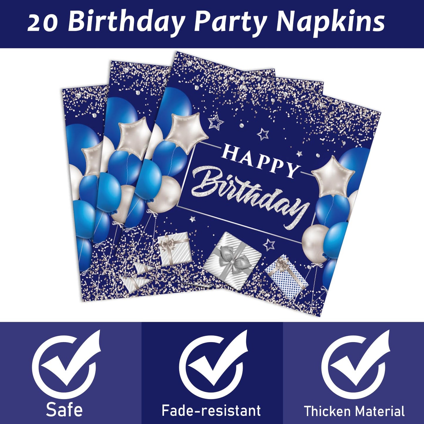 96 Pcs 20Th Birthday Party Supplies Navy Blue And Silver Birthday Plates 20Th Birthday Paper Tableware Happy Birthday Party Plat