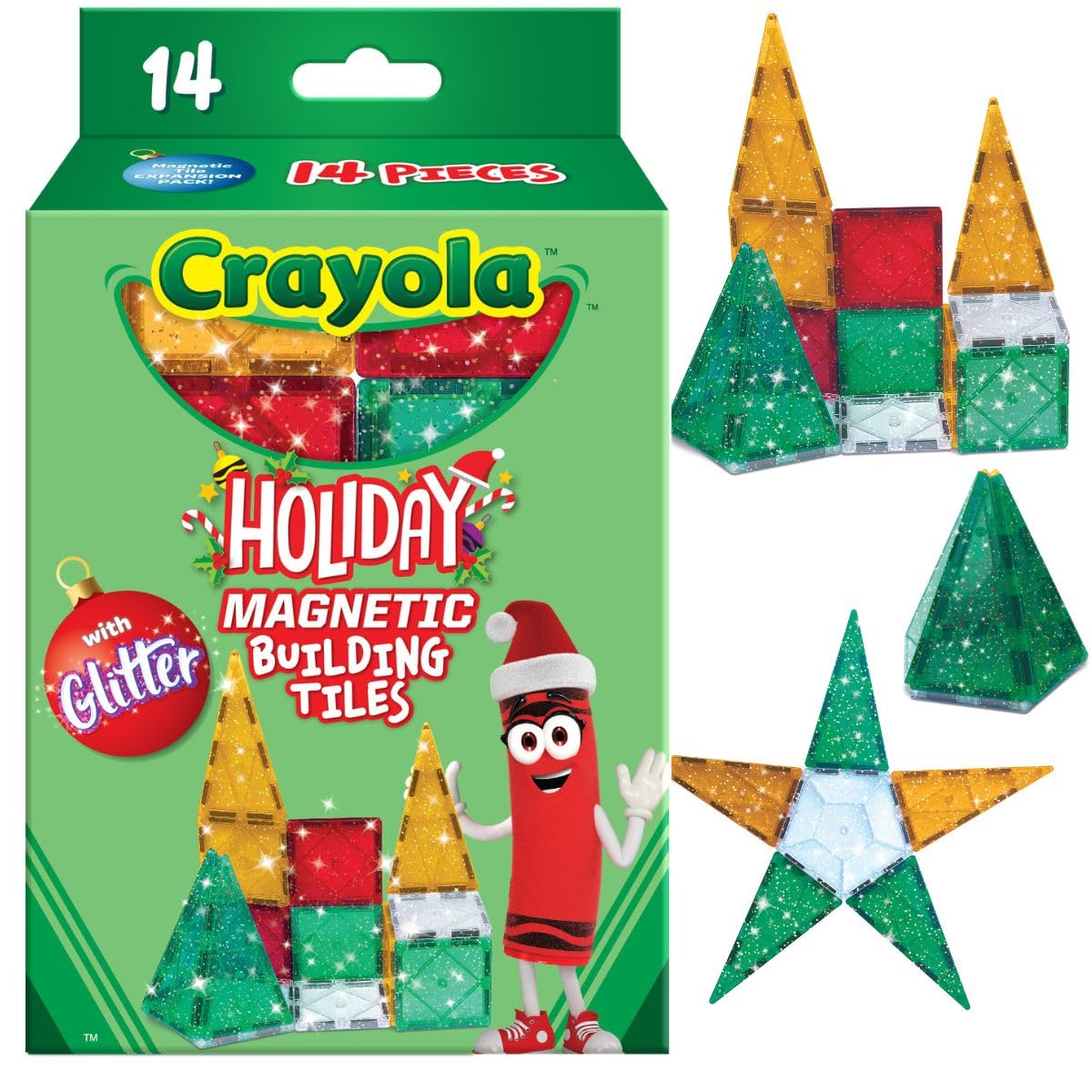 Createon Crayola Holiday Glitter Magnetic Tiles, Building Set For Kids, Magnetic Building Toys For Kids, Stem Travel Toys For Boys And Girls Ages 3+, 14-Piece Set (Holiday Glitter)