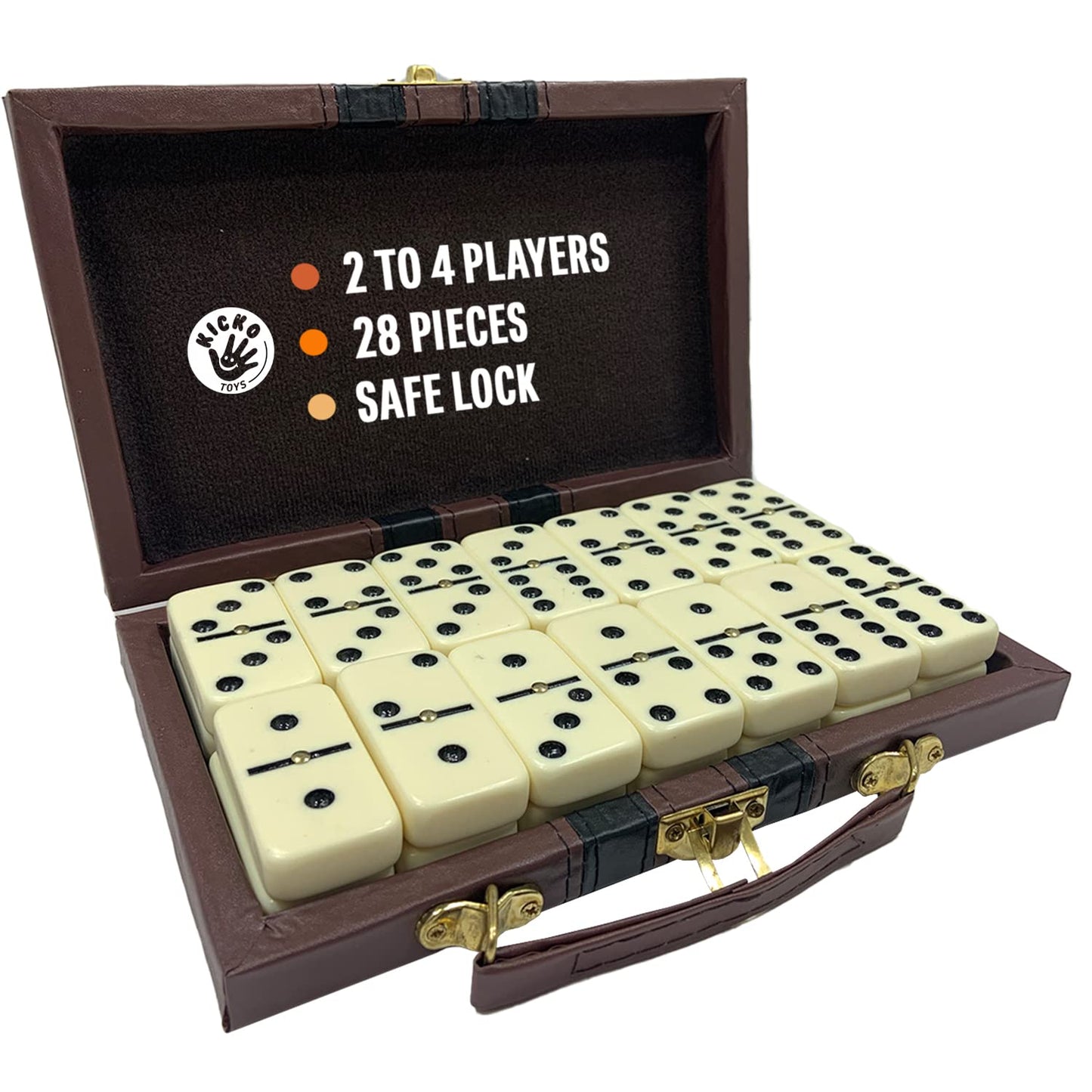 Kicko enhanced Classic Domino Set - Jumbo - Double Six - 28 Thick Pieces in Durable Wooden Vegan Leather Box for Boys  Girls  mature-themeds  Kids Party Favors and Game Night Use - Up to 2-4 Players