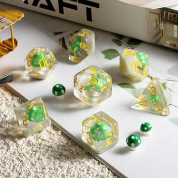 Mushrooms D&D Dice, DNDND 7PCS Resin DND Dice with Velvet Bag for Dungeons and Dragons Role Playing Games and Tabletop Games(Gre