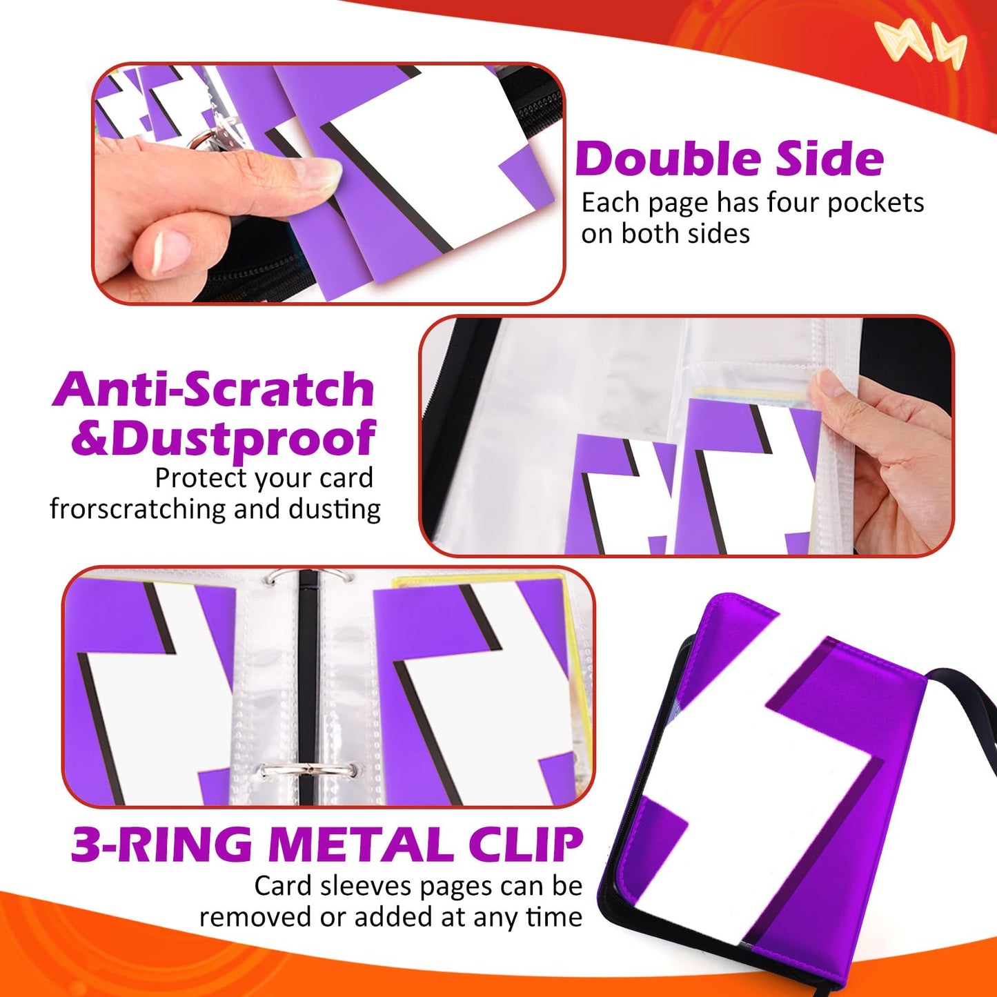 Card Binder 4 Pocket Trading Game Collection Album with 50 Removable Sleeves  enhanced PU Holder Zipper  Trading Card Book Holder for Game Cards  Sports Cards  Baseball  Basketball  Football Cards