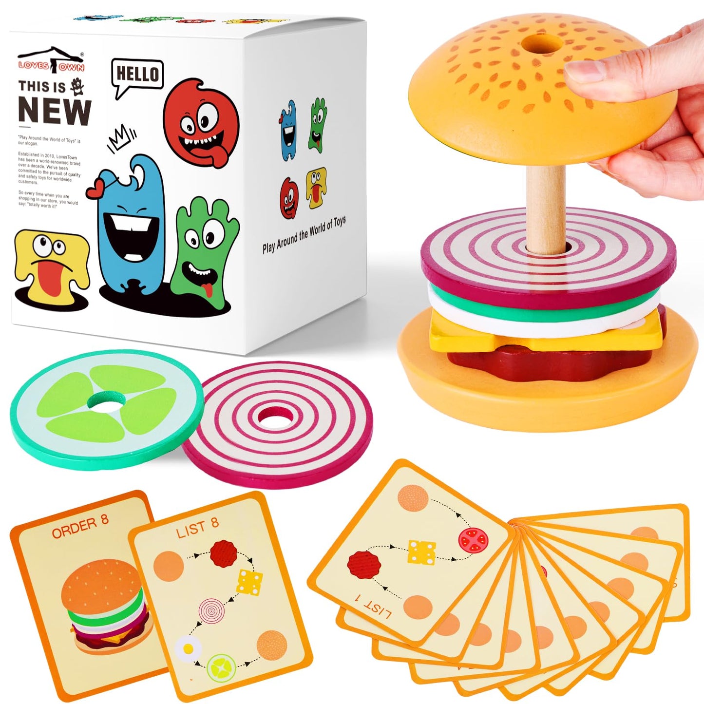 Lovestown Wooden Stacking Toys, Burger Stacking Toys Montessori Toys For Kids Educational Preschool Learning Toys For Boys Girls Birthday Gifts, Medium
