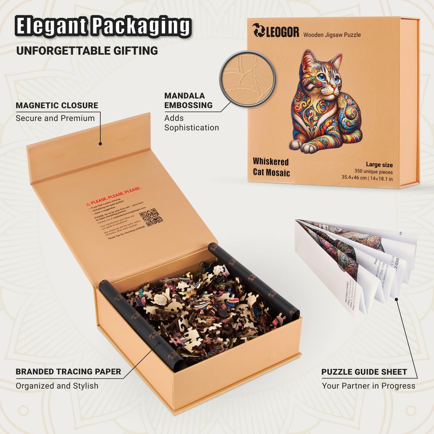 Whiskered Cat Mosaic - 350 Piece Wooden Puzzles for mature-themeds - 14 x 18.1 in - Extra-Thick 5 mm Wood Puzzle  Hand-Drawn Pieces  Animal Shaped Design - enhanced Gift for Puzzle Lovers by LEOGOR