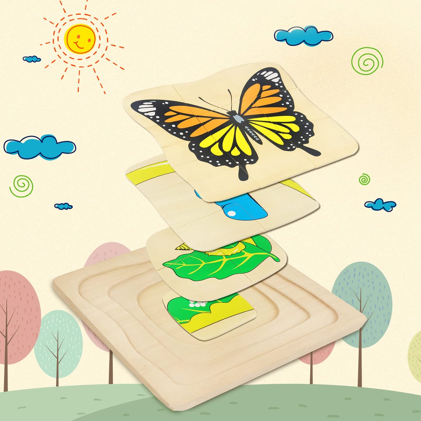 Montessori Wooden Puzzles For Kids Ages 4-8, 4 Layer Life Cycle Of Butterfly Jigsaw Puzzle For Toddlers, Children Preschool Learning Educational Puzzles Toys For Boys And Girls (Butterfly)