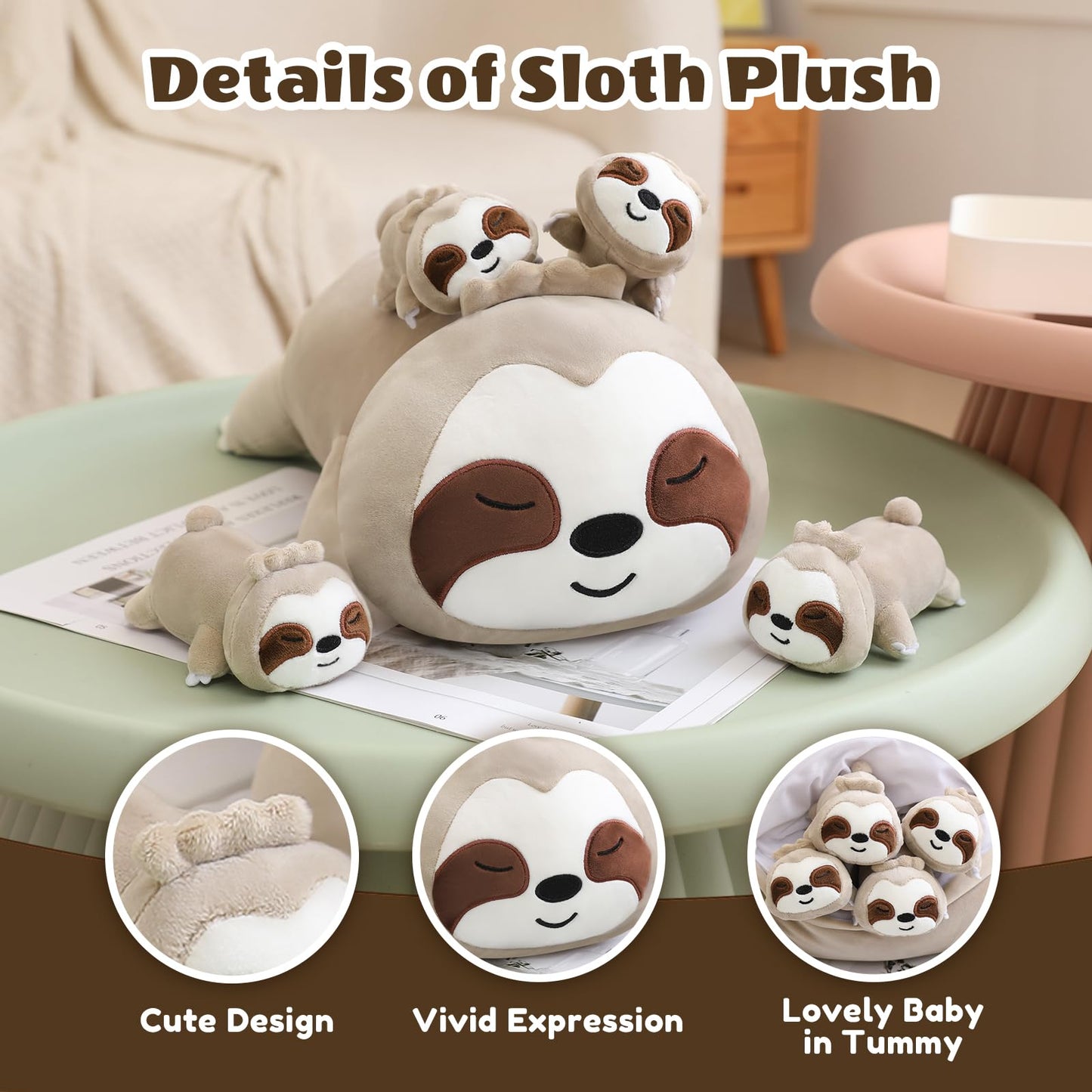 Sqeqe Sloth Stuffed Animals With Babies Inside 5-Piece Set Of Sloth Mommy And Babies Plush Cuddly Stuffed Animals Toys For Kids,