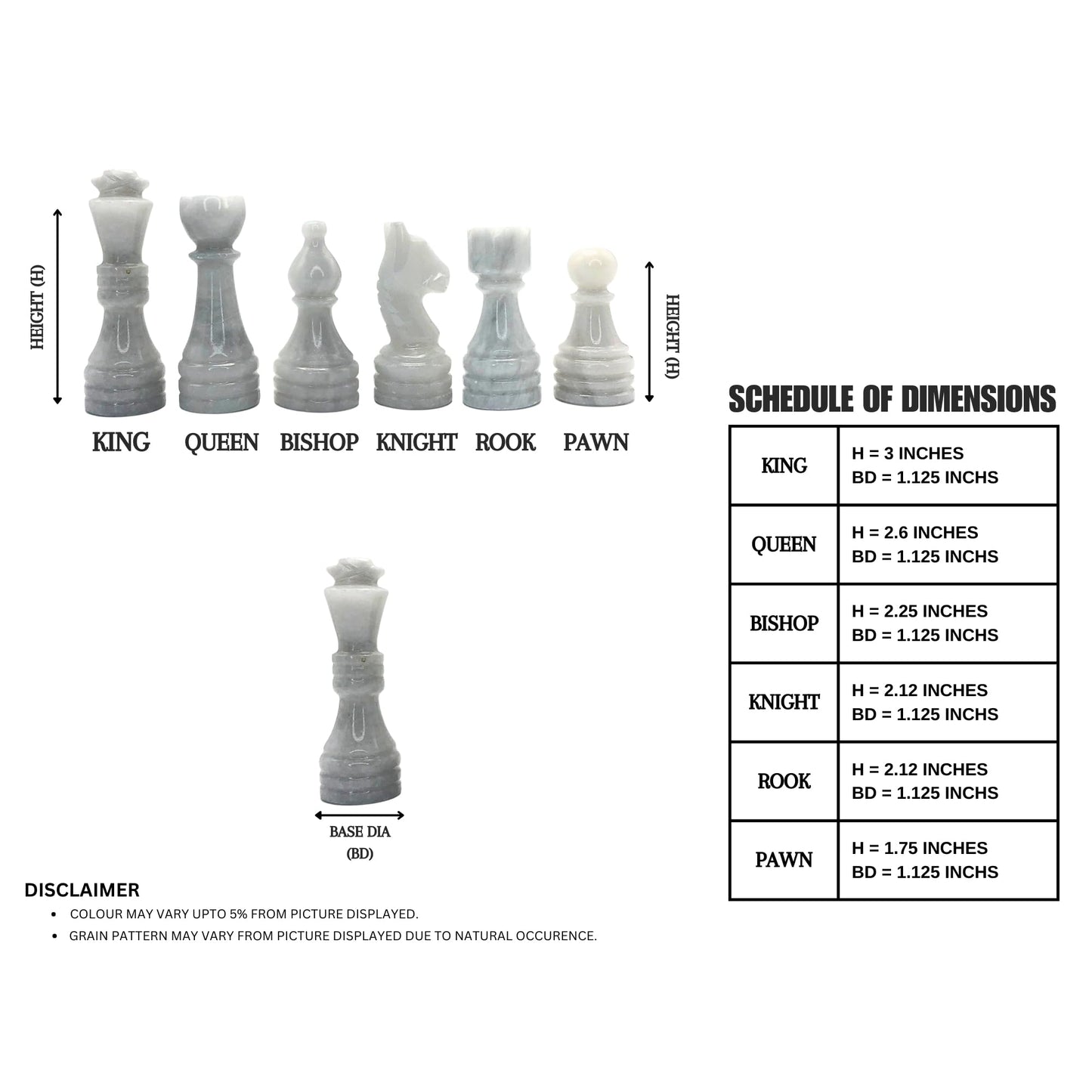 Handcrafted enhanced Marble Chess Pieces Set - Elegant 32-Piece Replacement for 12-15 Inch Chess Boards Storage Box (Grey and White)