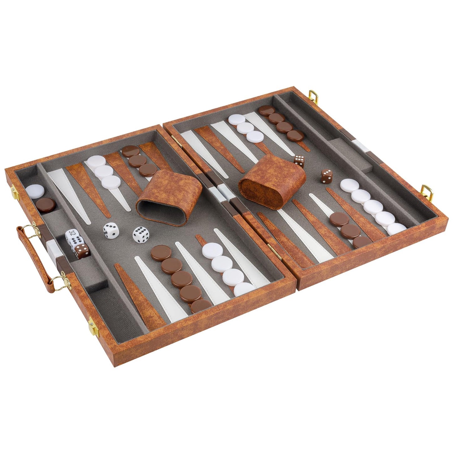 Buweeo Backgammon Set, 15 Inch Portable Board Game With Pu Leather Case For Adults, Brown Backgammon Travel Set