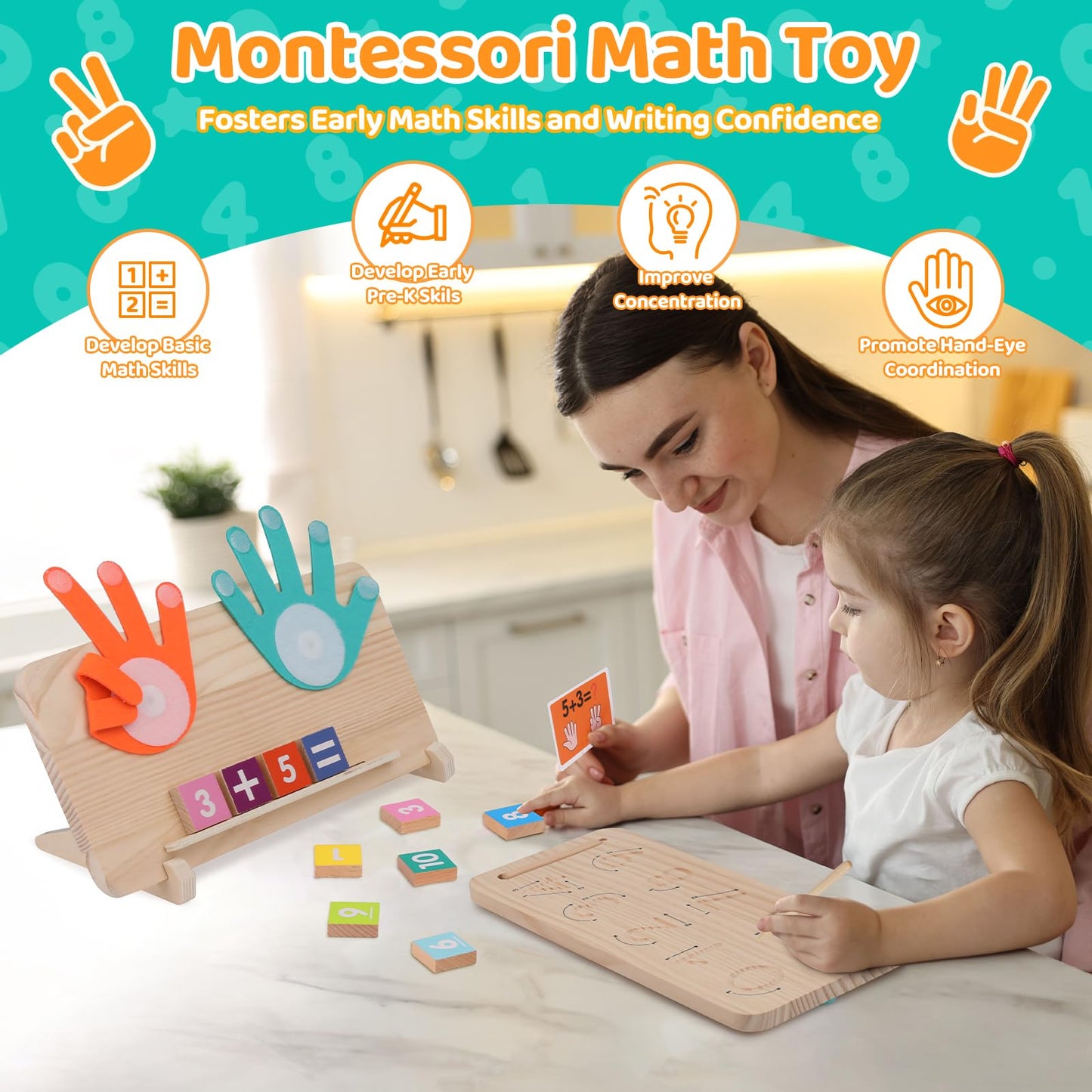 Montessori Learning Toys for Toddlers 2-4, Double-Sided Finger Counting & Number Tracing Board, Colorful Number Blocks, Solid Pi