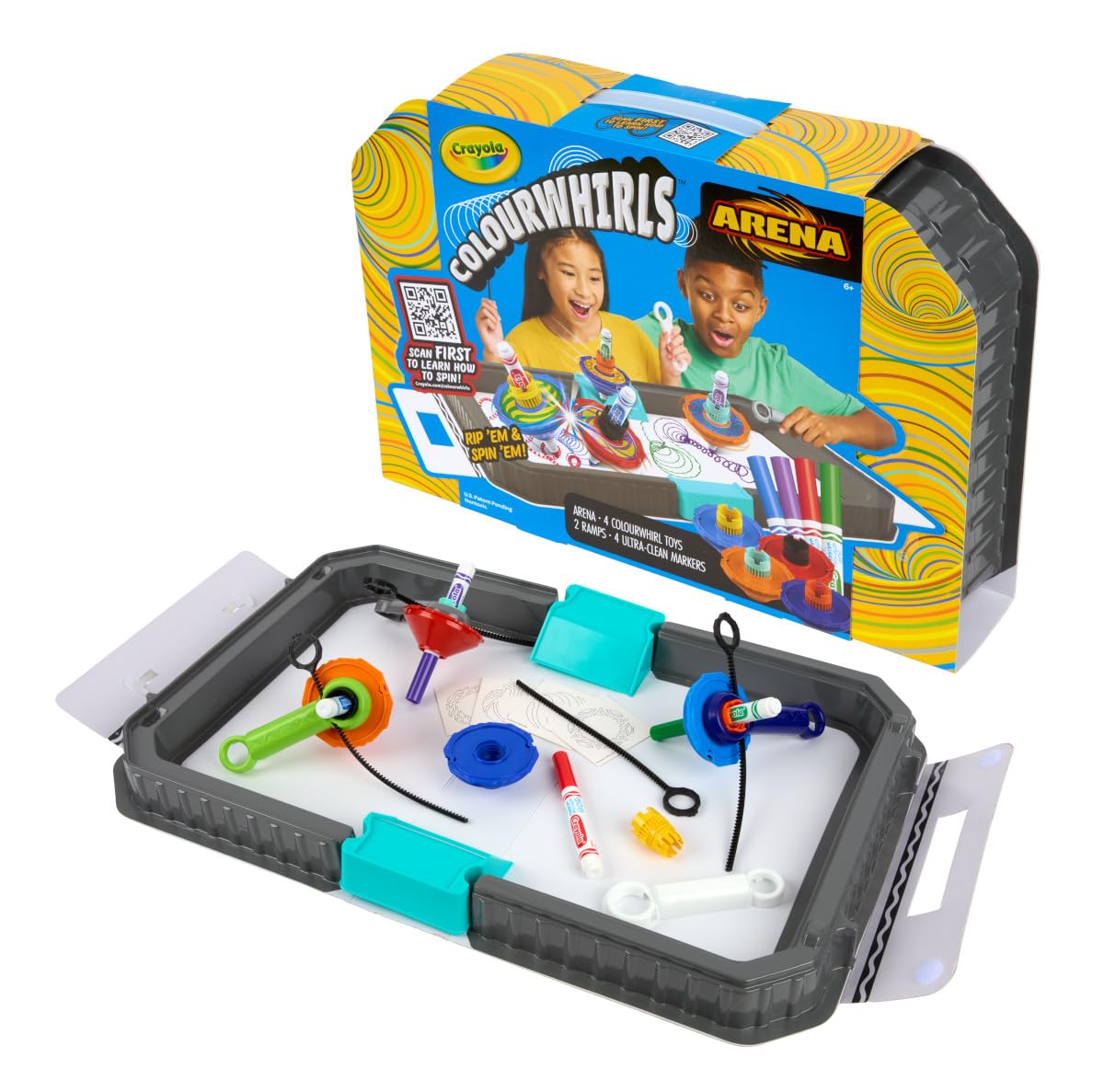Crayola Colourwhirls Battle Arena Set, DIY Gyro Spin Art Toy, 4 Battling Spinning Tops for Kids, Recess Toys & Games, Gift for K