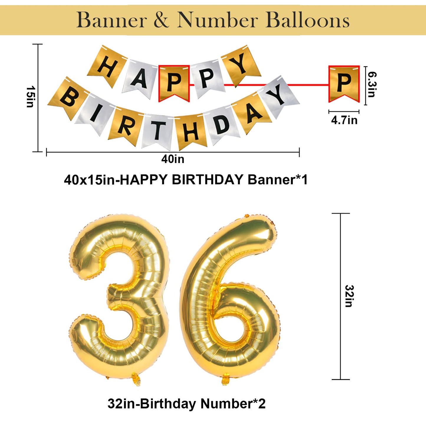Naninuneno 36Th Gold Birthday Decorations, Gold Black Silver Happy Birthday Balloons Supplies For Boy Men Girl Women, 36 Birthda