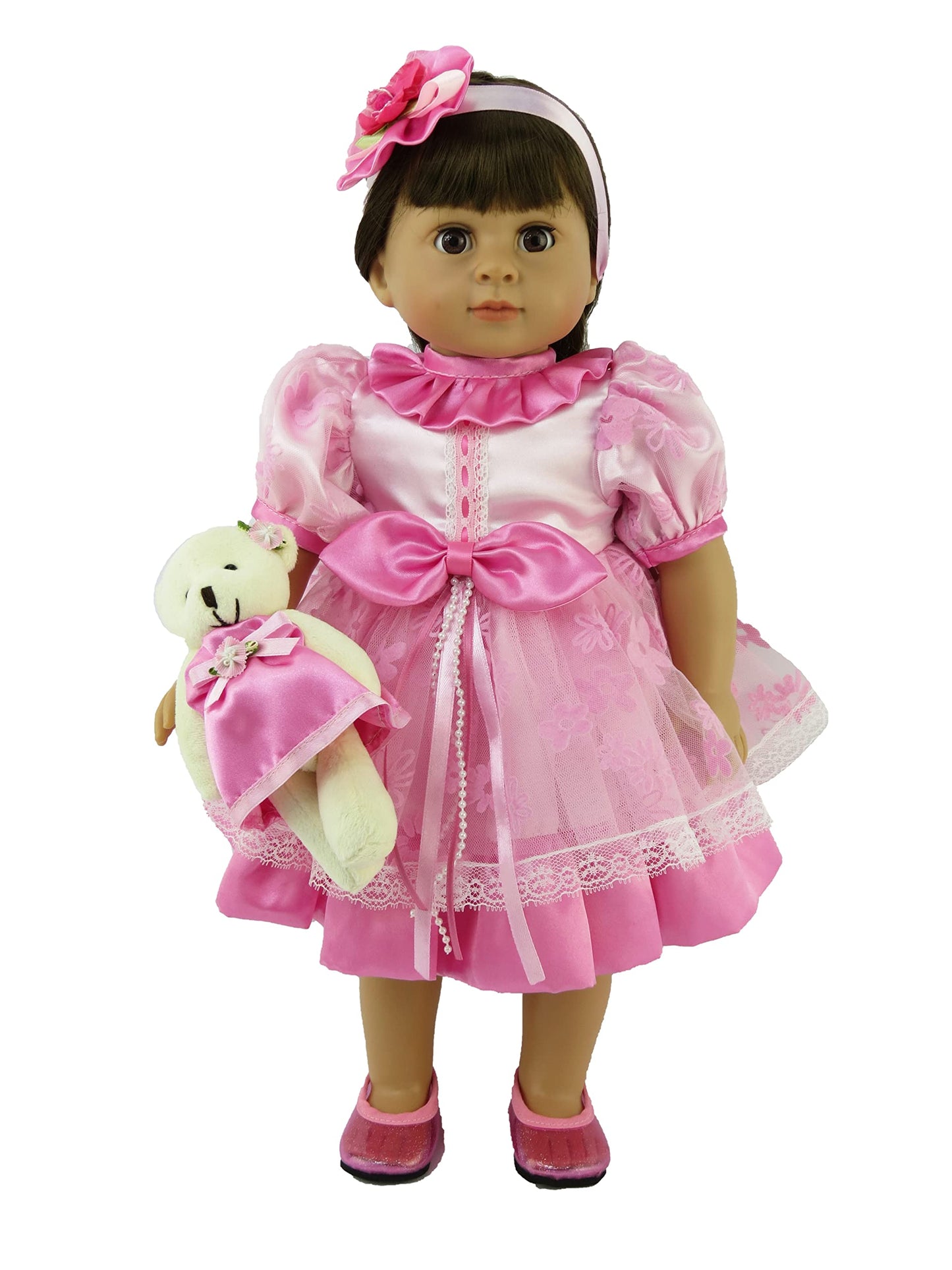 American Fashion World Pink Flower Dress 3 Piece Set for 18-Inch Dolls | Bear and Headband Included | enhanced Quality & Trendy Design | Dolls Clothes | Outfit Fashions for Dolls for Popular Brands