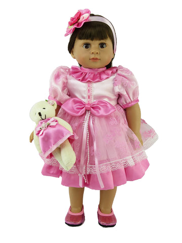 American Fashion World Pink Flower Dress 3 Piece Set for 18-Inch Dolls | Bear and Headband Included | enhanced Quality & Trendy Design | Dolls Clothes | Outfit Fashions for Dolls for Popular Brands