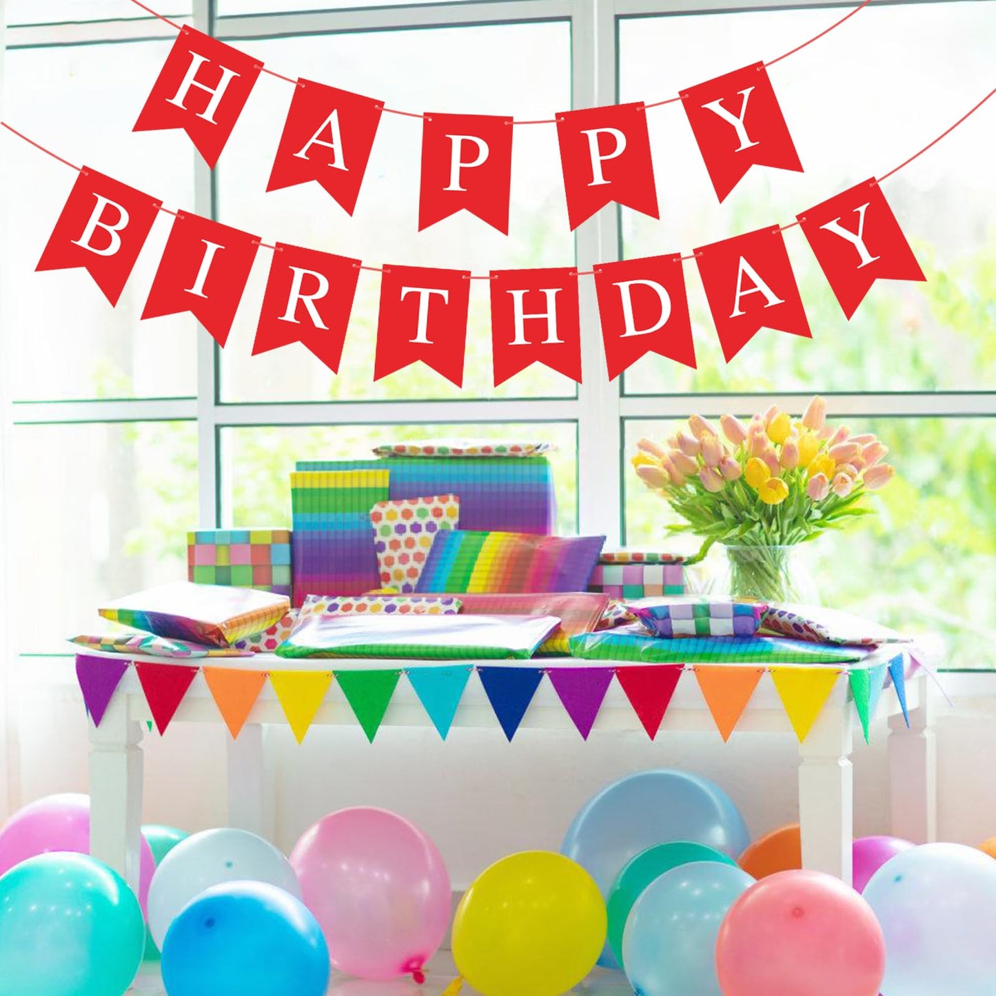 Eaezerav Red Happy Birthday Banner Bunting Banner Sign, Happy Birthday Garland Tea Party Decorations, Christmas Thanksgiving Bir