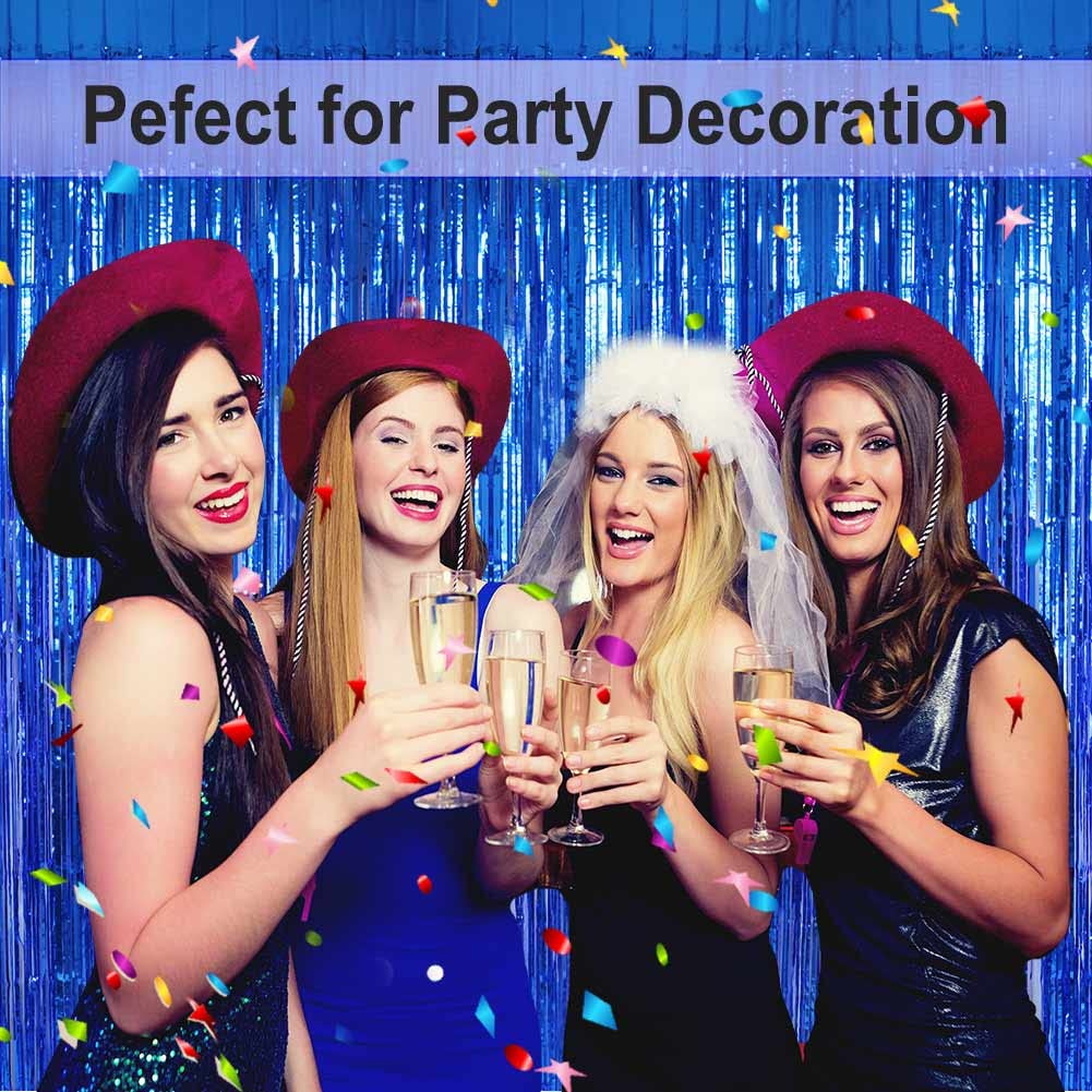EUFARS Blue Foil Fringe Curtain- 4 Pack of 3.2x8.2ft Blue Streamers Backdrop Curtains for Blue Party Decorations Blue Photo Boot