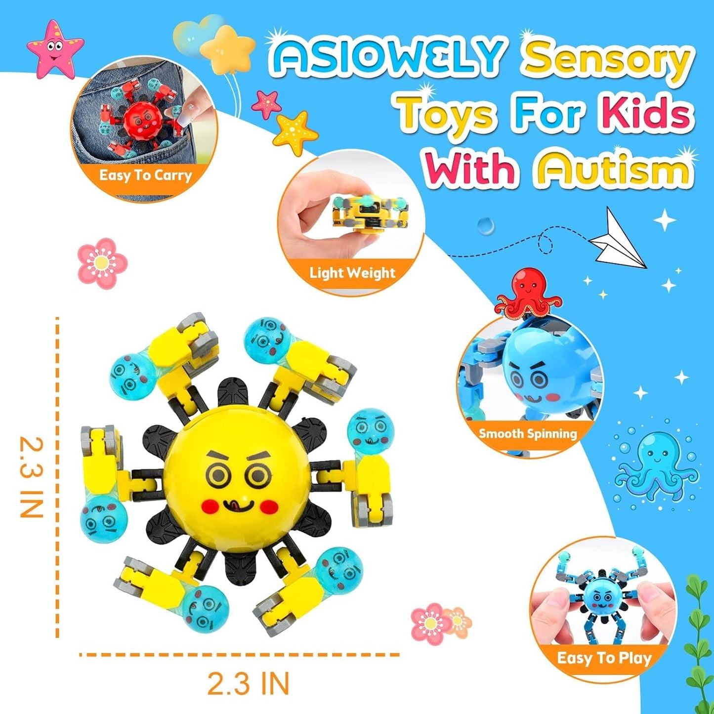 ASIOWELY Transformable Fidget Spinner Toys for Kids and mature-themeds 4 PCS Easter Basket Stuffers Finger Sensory Toy for Teens with Autism ADHD Anxiety Relief Valentine's Day Gifts for Boys Girl Travel Game
