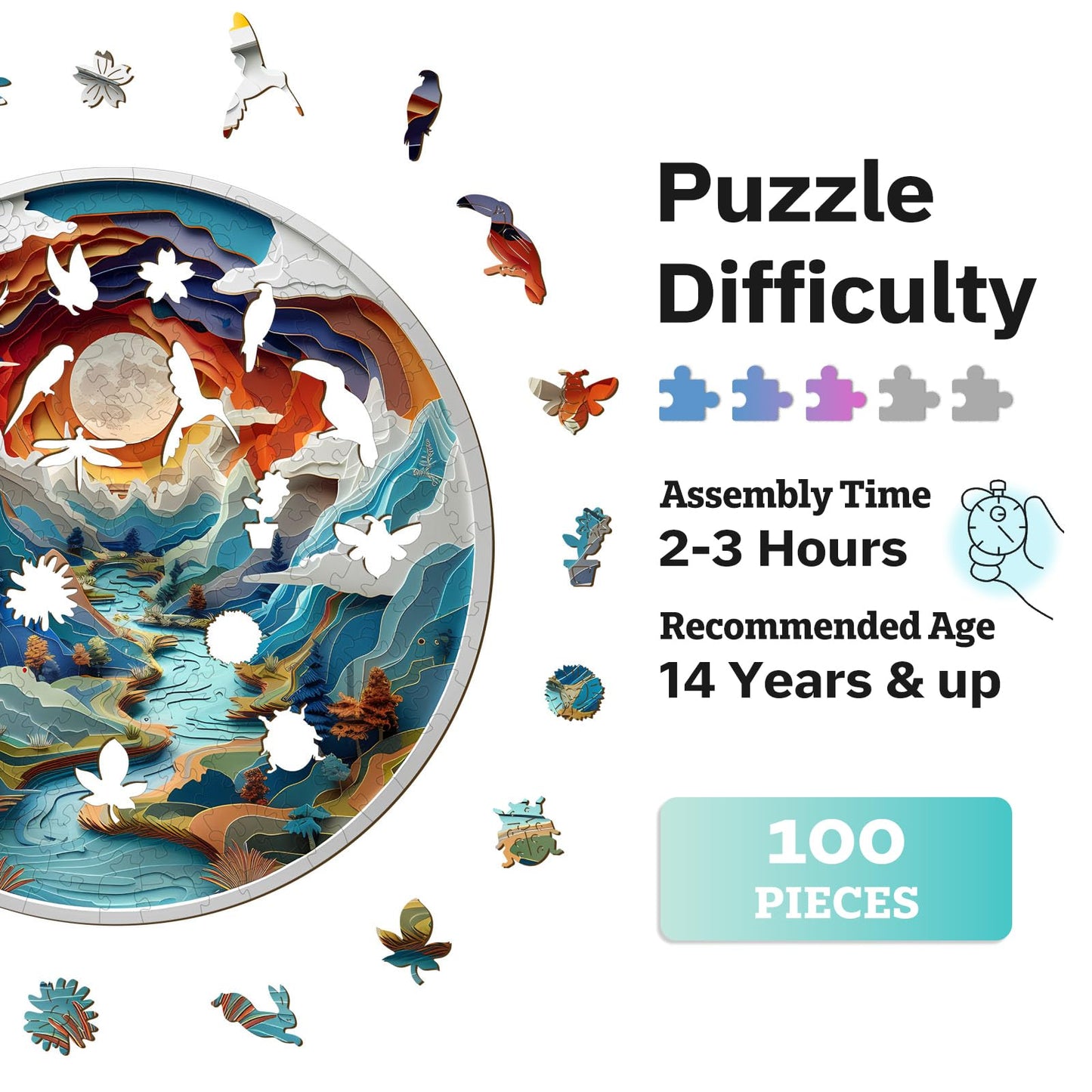 Jigfoxy Wooden Puzzle for mature-themeds  3D Visual Full Sun in The Mountains Wooden Jigsaw Puzzles for mature-themed  Unique Animal Shape Wood Cut Puzzles  for Friends Family (S-8.5 * 8.5in-100pcs)