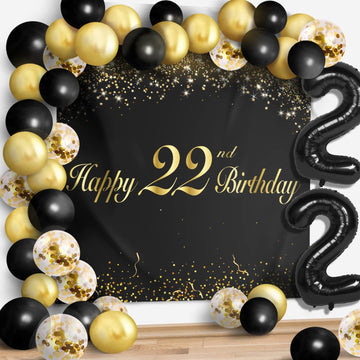 Happy 22Nd Birthday Balloons Black Set Decor - Cheers To 22 Years Old Party Theme Garland Banner Backdrop Decorations For Women