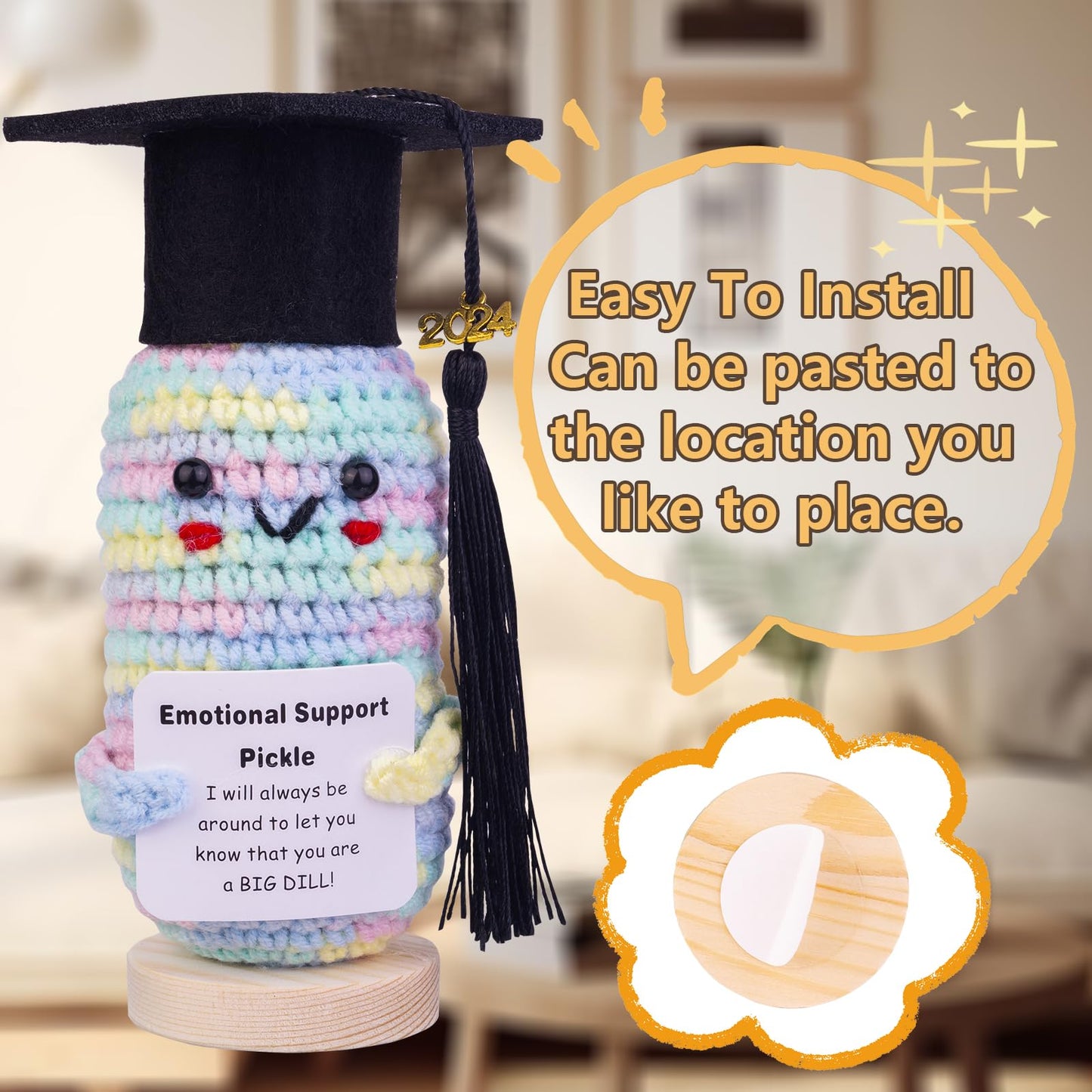 Cofubcad 2024-2025 Graduation Gift Emotional Support, Cute Knitted Crochet Cucumber Doll With Doctoral Hat Toy Room Decoration(A21)
