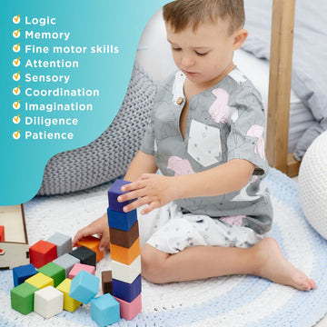 Ulanik Large Colored Cubes Toddler Montessori Toys For 3 Year Old + Kids Wooden Building Blocks Game For Learning Color Sorting