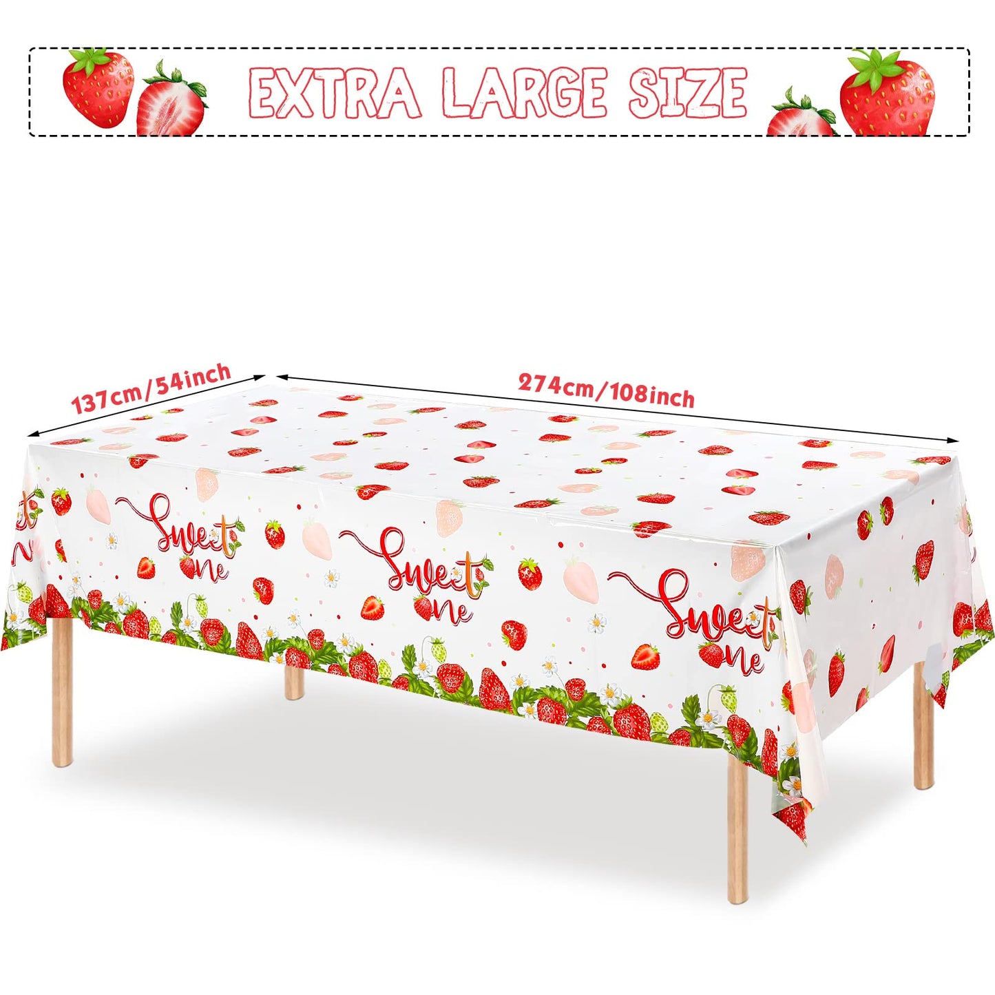 Tiamon 3 Pcs 108 x 54 in Strawberry Party Tablecloth Sweet One Birthday Table Cover Berry First Birthday Decorations Strawberry