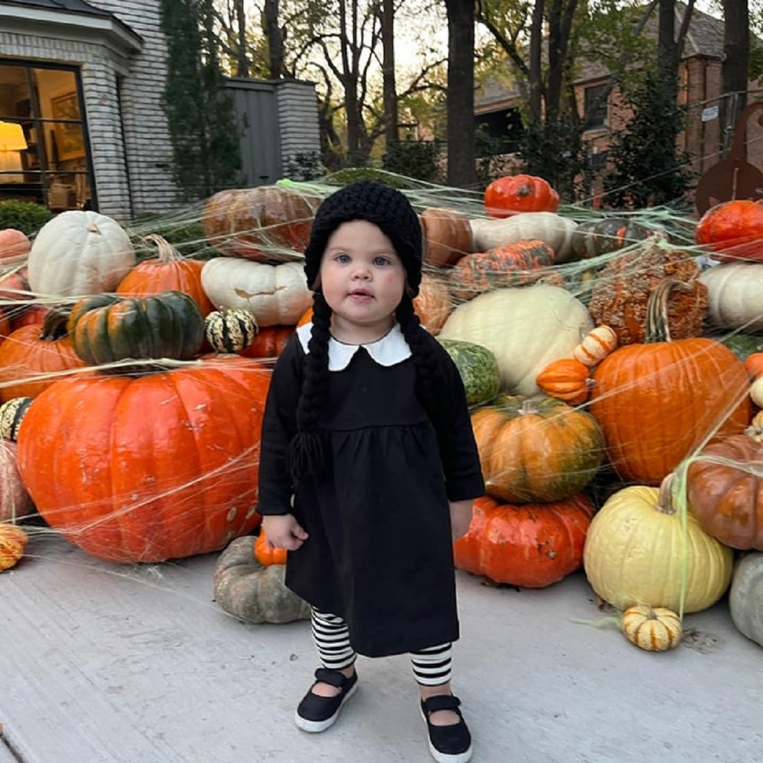 Lamuusaa Toddler Baby Girl Halloween Outfit Doll Collar Black Long Sleeve Dress A-Line Dress Halloween Dress Costumes